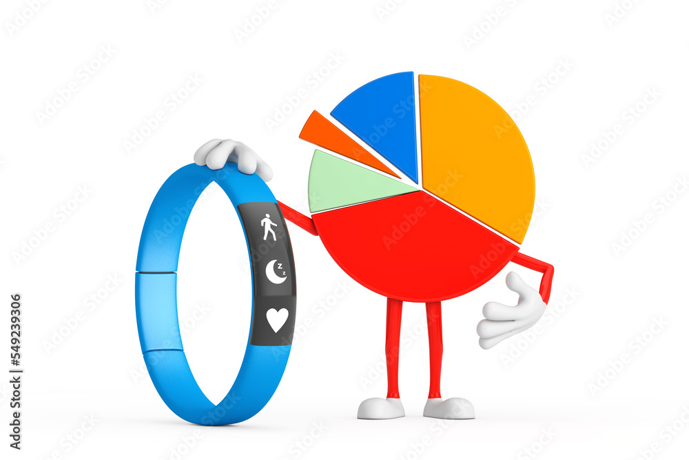 Aufkleber Info Graphics Business Pie Chart Character Person with Blue Fitness Tracker. 3d Rendering