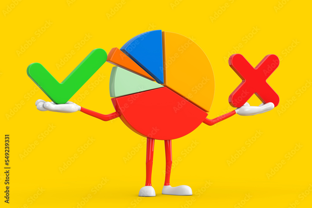 Aufkleber info graphics business pie chart character person with red cross and green check mark, confirm or de