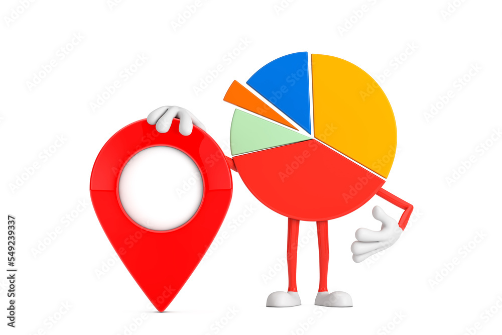 Aufkleber Info Graphics Business Pie Chart Character Person  with Red Map Pointer Target Pin. 3d Rendering