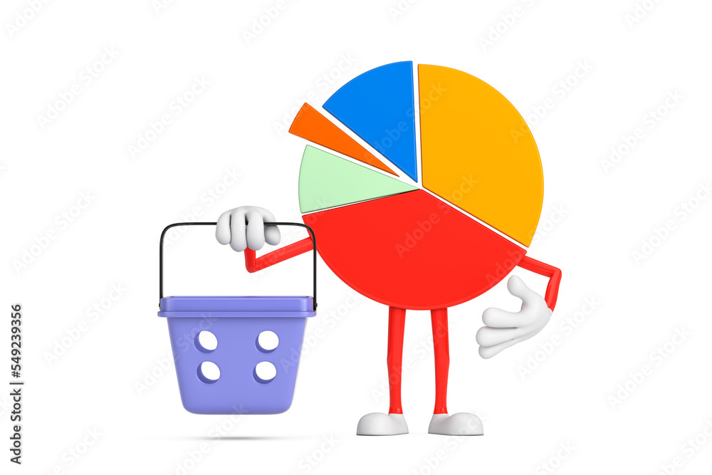Poster info graphics business pie chart character person with cartoon shopping basket. 3d rendering