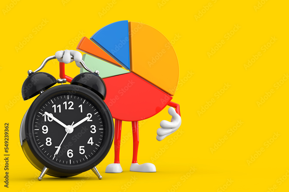 Poster Info Graphics Business Pie Chart Character Person with Alarm Clock. 3d Rendering