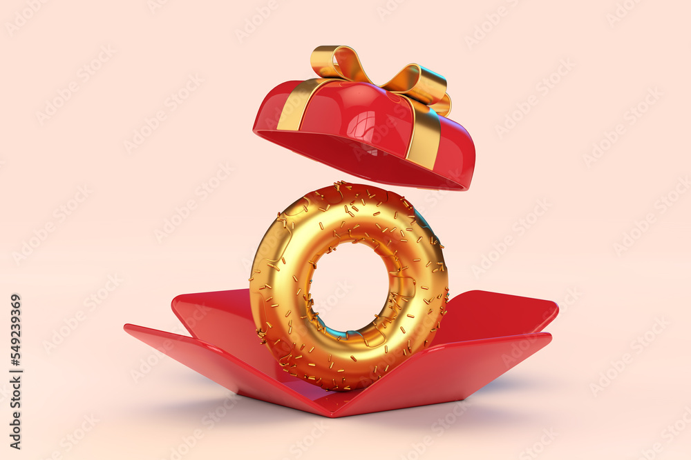 Poster Golden Donut with Golden Sprinkles in Opened Red Gift Box with Golden Ribbon. 3d Rendering