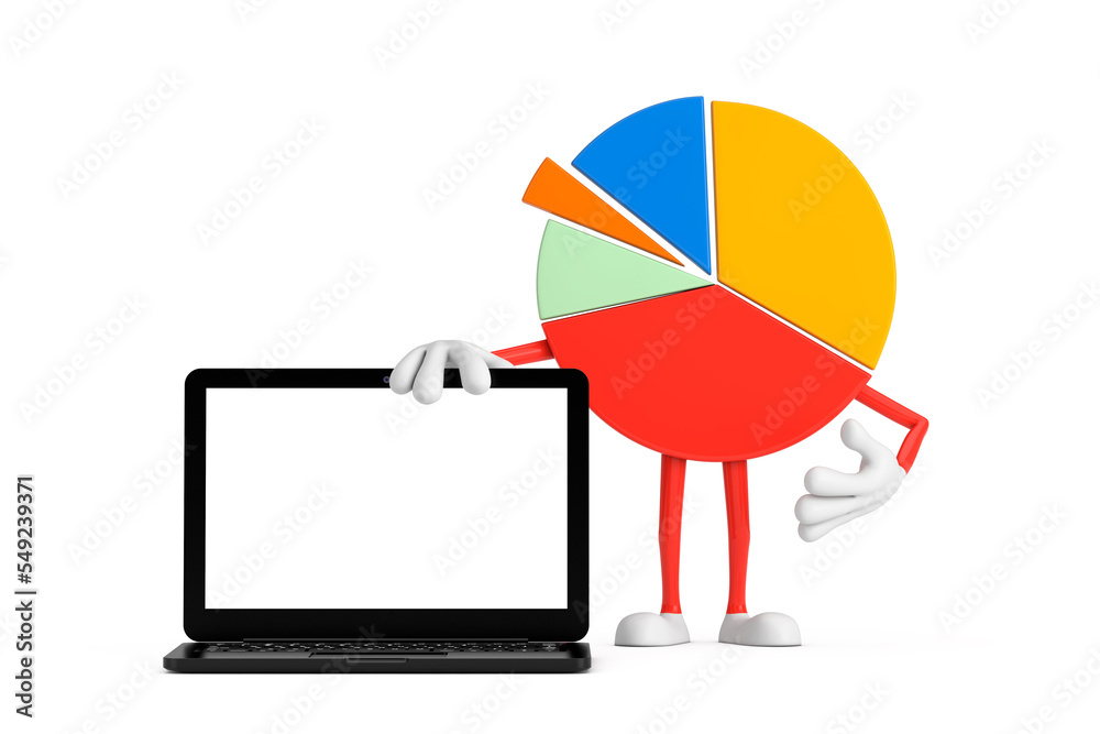 Poster info graphics business pie chart character person with modern laptop computer notebook and blank scr