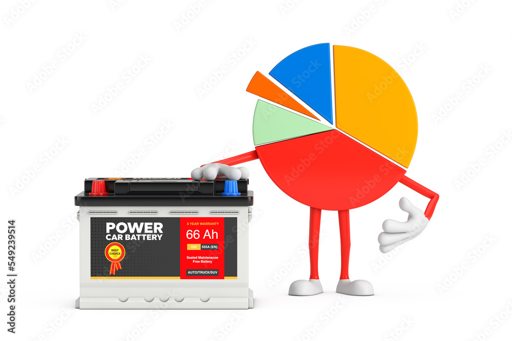 Poster Info Graphics Business Pie Chart Character Person and Rechargeable Car Battery 12V Accumulator with Abstract Label. 3d Rendering