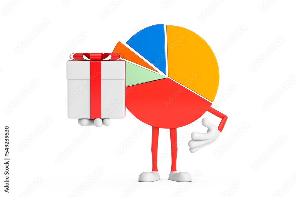 Fototapete info graphics business pie chart character person with gift box and red ribbon. 3d rendering