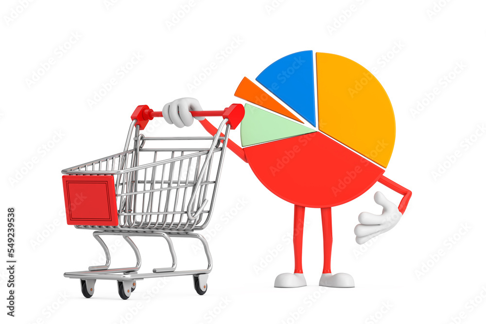 Aufkleber Info Graphics Business Pie Chart Character Person with Shopping Cart Trolley. 3d Rendering