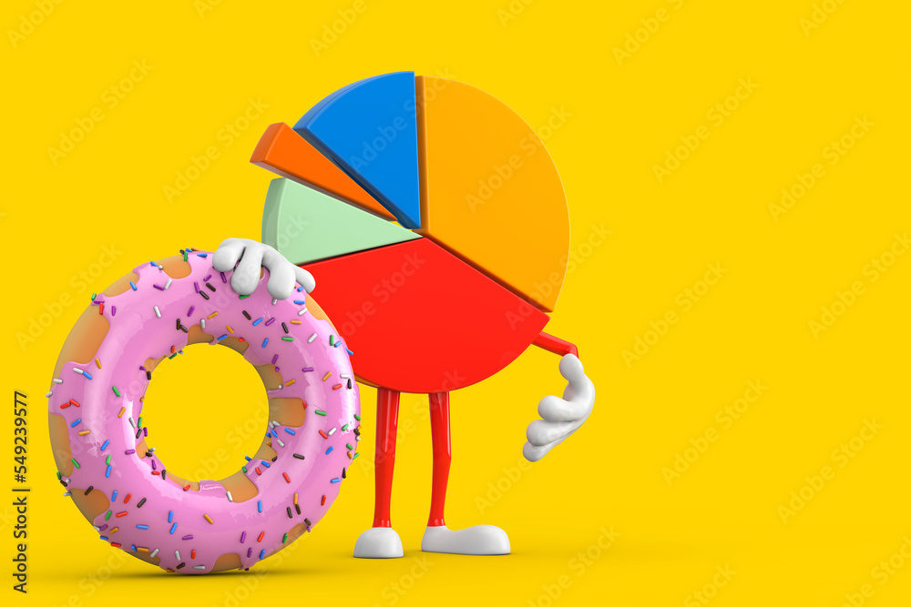 Poster Info Graphics Business Pie Chart Character Person with Big Strawberry Pink Glazed Donut. 3d Rendering