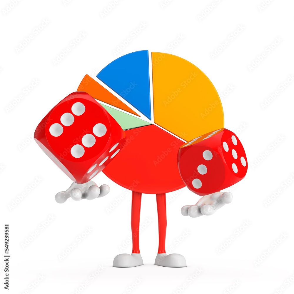 Leinwandbilder Info Graphics Business Pie Chart Character Person with Red Game Dice Cubes in Flight. 3d Rendering