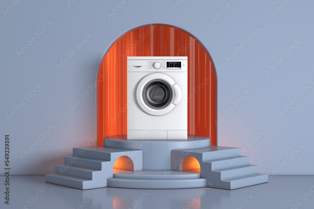 Aufkleber modern white washing machine on the blue realistic cylinder product promotion stand podium with arch