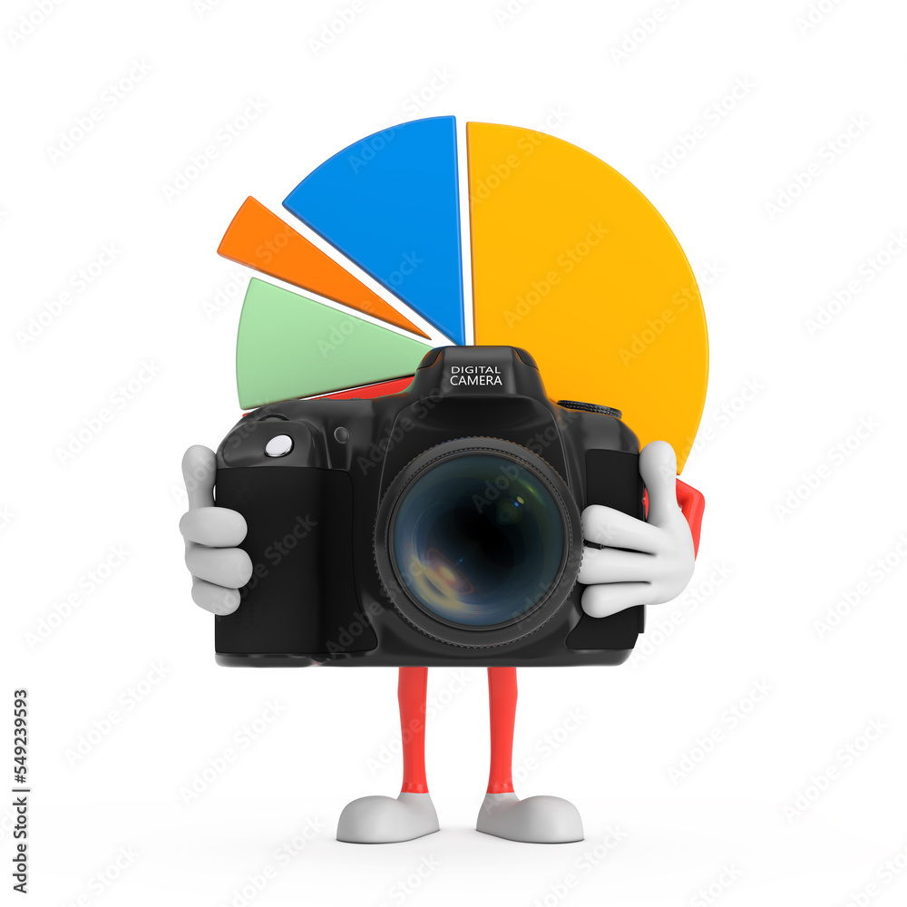 Leinwandbilder info graphics business pie chart character person with modern digital photo camera. 3d rendering