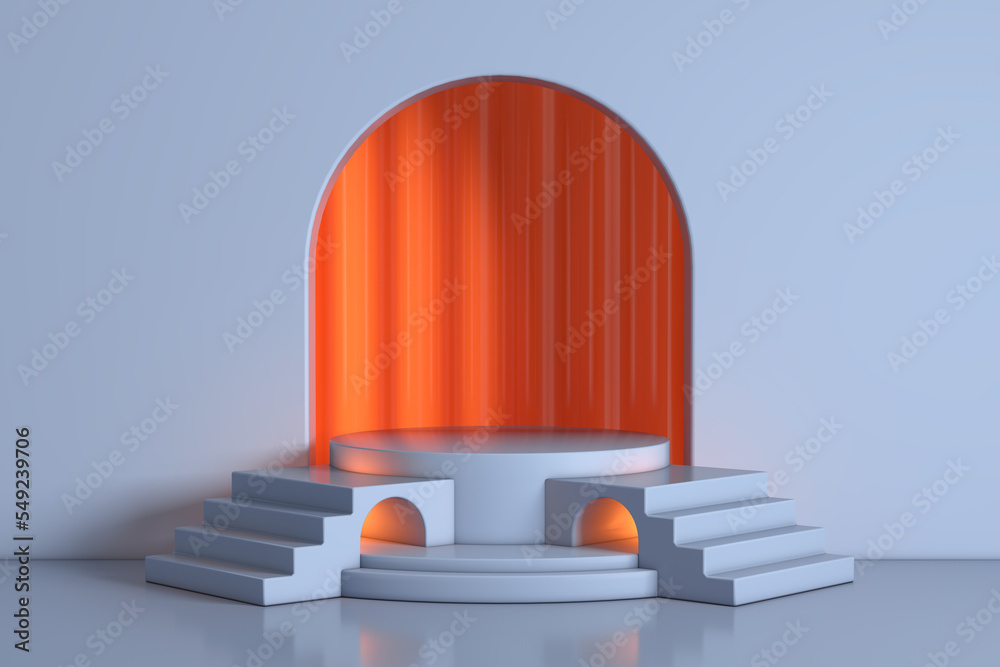 Fototapete Empty Blue Realistic Cylinder Product Promotion Stand Podium with Arch Window in Studio Room with Steps. 3d Rendering