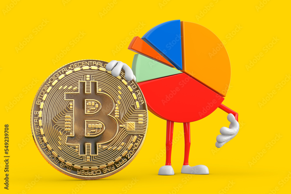 Poster Info Graphics Business Pie Chart Character Person with Digital and Cryptocurrency Golden Bitcoin Coin. 3d Rendering