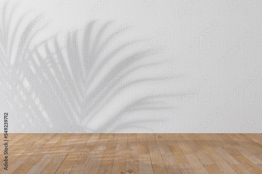 Poster Shadow of Tree and Sunlight on Empty Room White Wall and Wooden Plank Floor. 3d Rendering