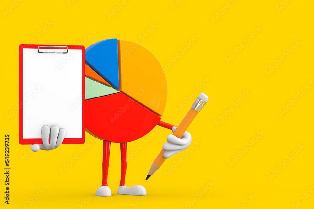 Poster info graphics business pie chart character person with red plastic clipboard, paper and pencil. 3d r