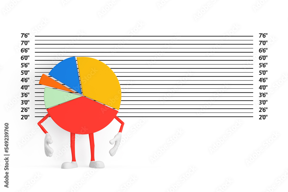 Aufkleber info graphics business pie chart character person in front of police lineup or mugshot background. 3