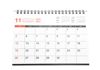 November 2023 desk calendar for planners and reminders on a white background.