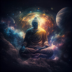Buddha meditating in space - galaxies, stars, space dust, cosmic lights and planets