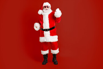 Full length body size view of his he nice funny cheerful cheery white-haired Santa St Nicholas...