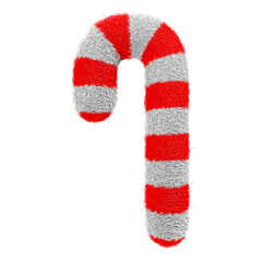 A Christmas candy cane made of fluffy 3D modeling material is shown on a white backdrop.