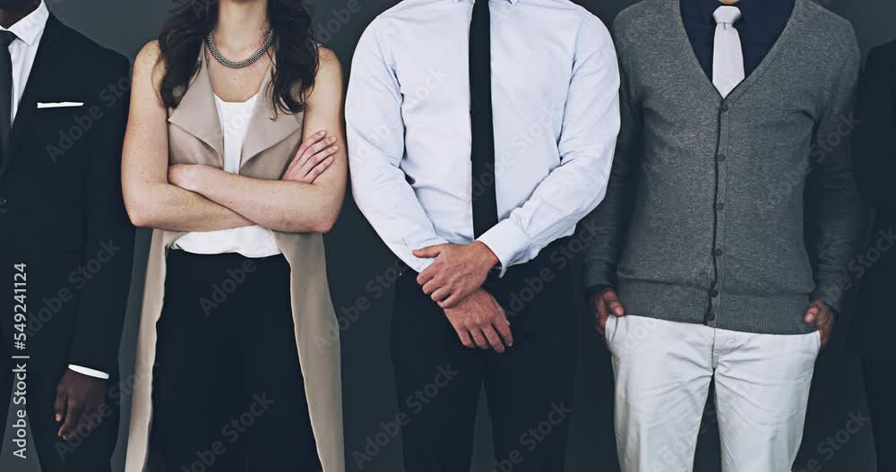 Poster corporate, collaboration and confidence with a business team un studio on a gray background together
