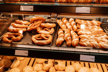 bakery products, delicious and fresh bread, pretzel and bagels and buns on the shop window