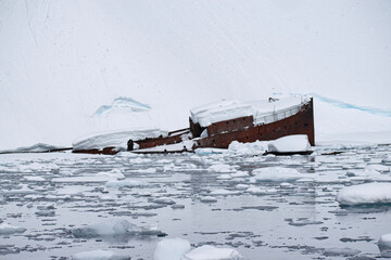 A sunken metal whaling boat, Gouvernoren, is trapped in the Ice of Antarctica Enterprise Island.  - obrazy, fototapety, plakaty
