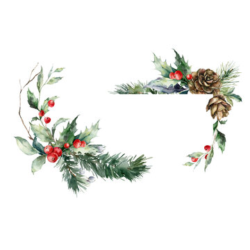 Watercolor Christmas horizontal frame of red berries, pine cone, dry branch and leaves. Hand painted holiday card of plants isolated on white background. Illustration for design, print or background.