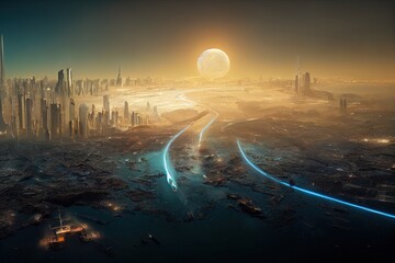 Fototapeta premium illustration of a modern city in the evening