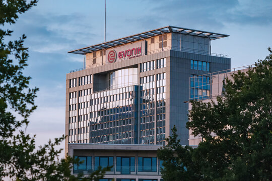 28 July 2022, Essen, Germany: Evonik chemical and medicine company headquarter building