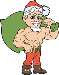 Cartoon style young muscular Santa Claus with big sack 2