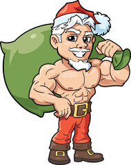 Cartoon style young muscular Santa Claus with big sack