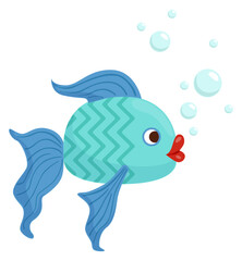 Cartoon blue fish. Funny aquatic animal. Ocean character