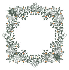 Decorative floral frame with flowers and leaves. Botanical border