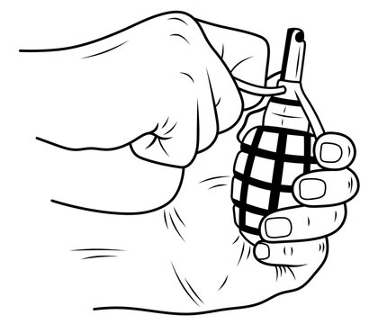 Hand with a grenade. Isolated illustration of military weapon. War. Explosives.
