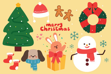 hand drawing cartoon cute christmas stuff sticker set