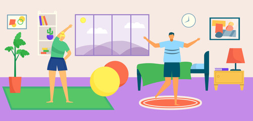 Sport lifestyle, family workout at flat morning concept vector illustration. Couple character training at home, make fitness exercises.
