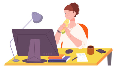 Fototapeta premium Woman eating lunch at computer desk. Office meal break
