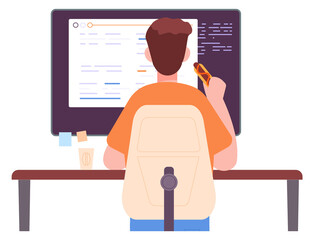 Programmer eating hot dog. Work break time