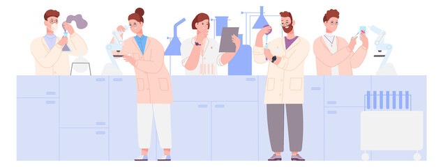 People working in chemical laboratory. Science team experiment