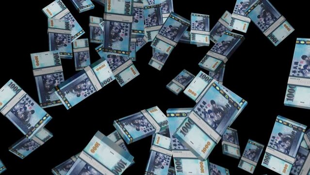 Taiwanese Dollar 1000 TWD banknote packs falling loop. Taiwan money note fall. 3D seamless looped isolated abstract concept of economy, finance, crisis, success and banking.