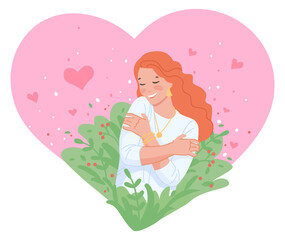 Woman in love. Heart shaped pretty happy girl