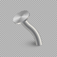 3d iron nail vector illustration. Realistic isolated metal pin with circle heads, bent steel hardware spike or hobnail for carpentry, construction works on transparent background