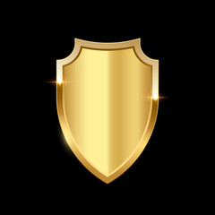 Gold shield vector illustration. Realistic isolated golden armory trophy with metal coat, 3d luxury safety protection emblem, vintage blank shiny royal award