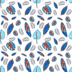 tropical pattern blue leaves. decoration for postcards. background, botanical watercolour. banana leaf, palm, calla, monstera