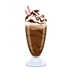 Chocolate milkshake with whipped cream icon vector. Chocolate milkshake with whipped cream and chocolate topping vector isolated on a white background. Glass of cocoa milk drink drawing