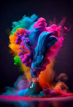 A colourful powder explosion on a black background. Holi paint and smoke.