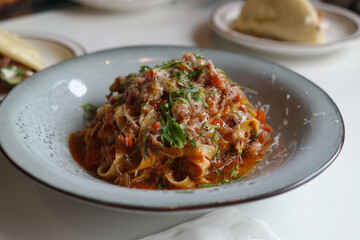 Fresh and thick tomato sauce meat pasta bolognese