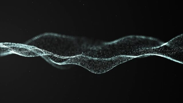 Abstract digital particle wave animation on soft black background