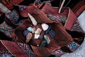 Shamanic ritual mesa. Photograph of a shamans traveling altar that has symbolic items and ritual tools.  - 549247102