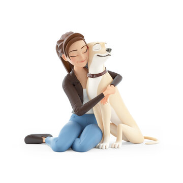 3d cartoon woman hugging her dog on the floor